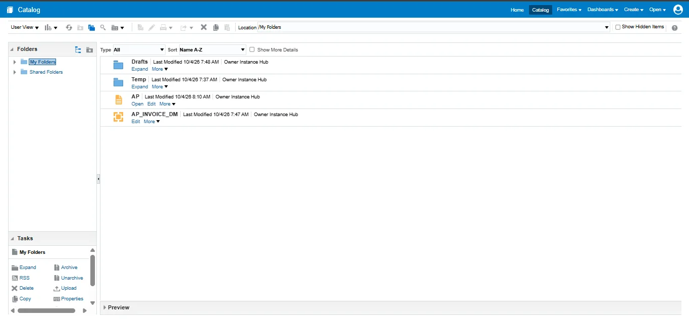 Oracle Fusion BI catalog with an AP report and data model