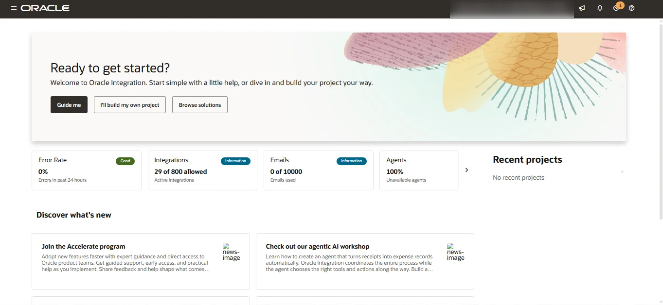Oracle Integration Cloud home page with error rate and integration counts